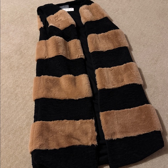 Anthropologie Black and Tan Faux Fur long Vest - Picture 1 of 4